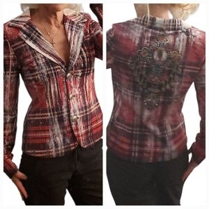 Tricotto Faux Distressed Plaid Knit Printed Blazer Jacket Back Rhinestone Design